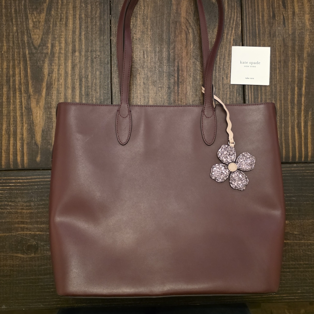 Kate Spade Deep Burgundy Tote with Floral Charm - Picture 2 of 6